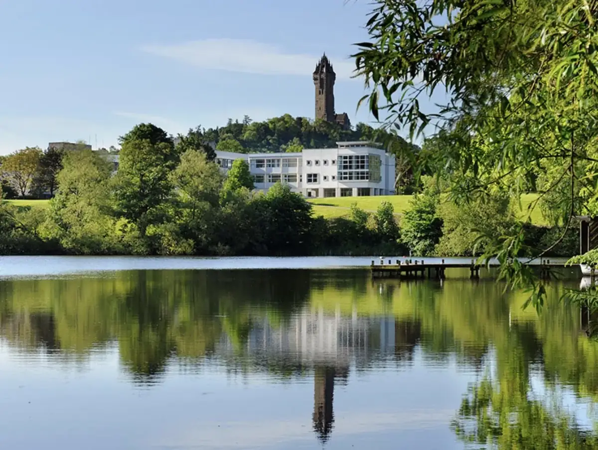University of Stirling campus and Airthrey Loch beneath the Wallace Monument